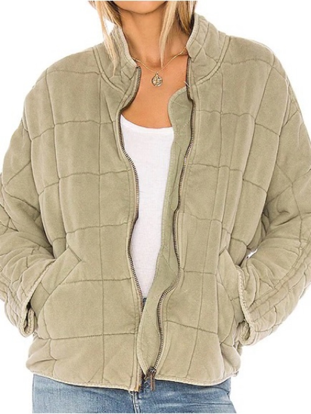 Free People Dolman Quilted Knit Jacket Oversized Zip Sage Green Size Extra Small